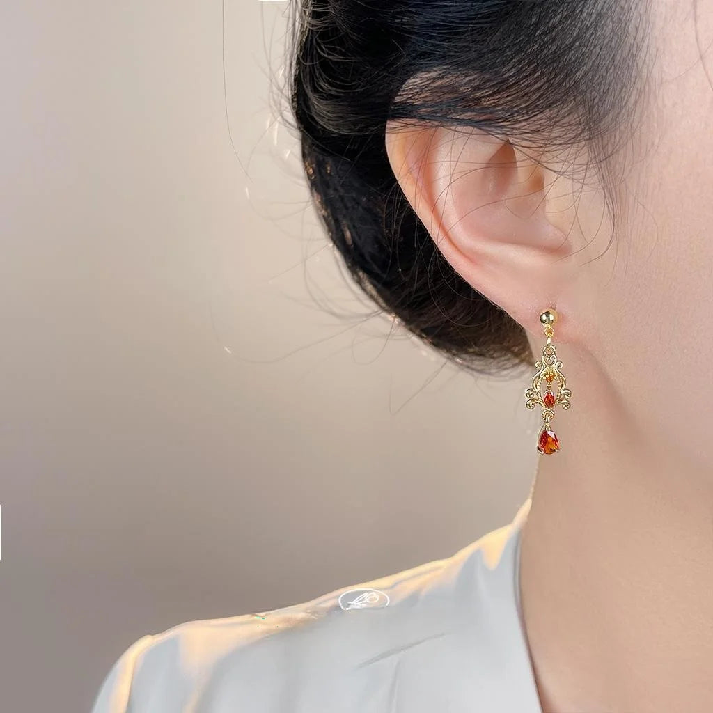 Vintage Court Style Burgundy Zircon Copper Long Tassel Drop Earrings