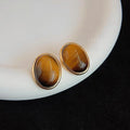 Vintage Tiger Eye Oval Geometric Stud Earrings 14K Plated Copper Natural Stone Ear Jewelry
