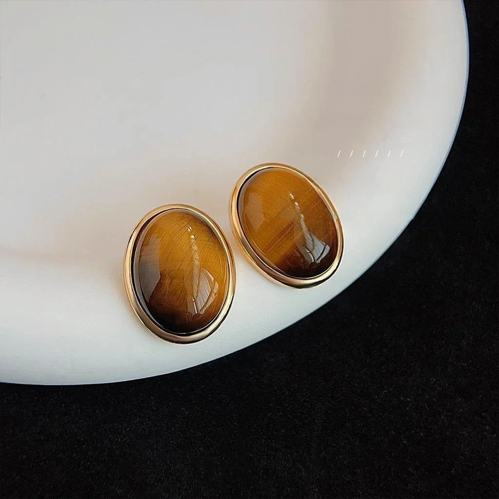 Vintage Tiger Eye Oval Geometric Stud Earrings 14K Plated Copper Natural Stone Ear Jewelry