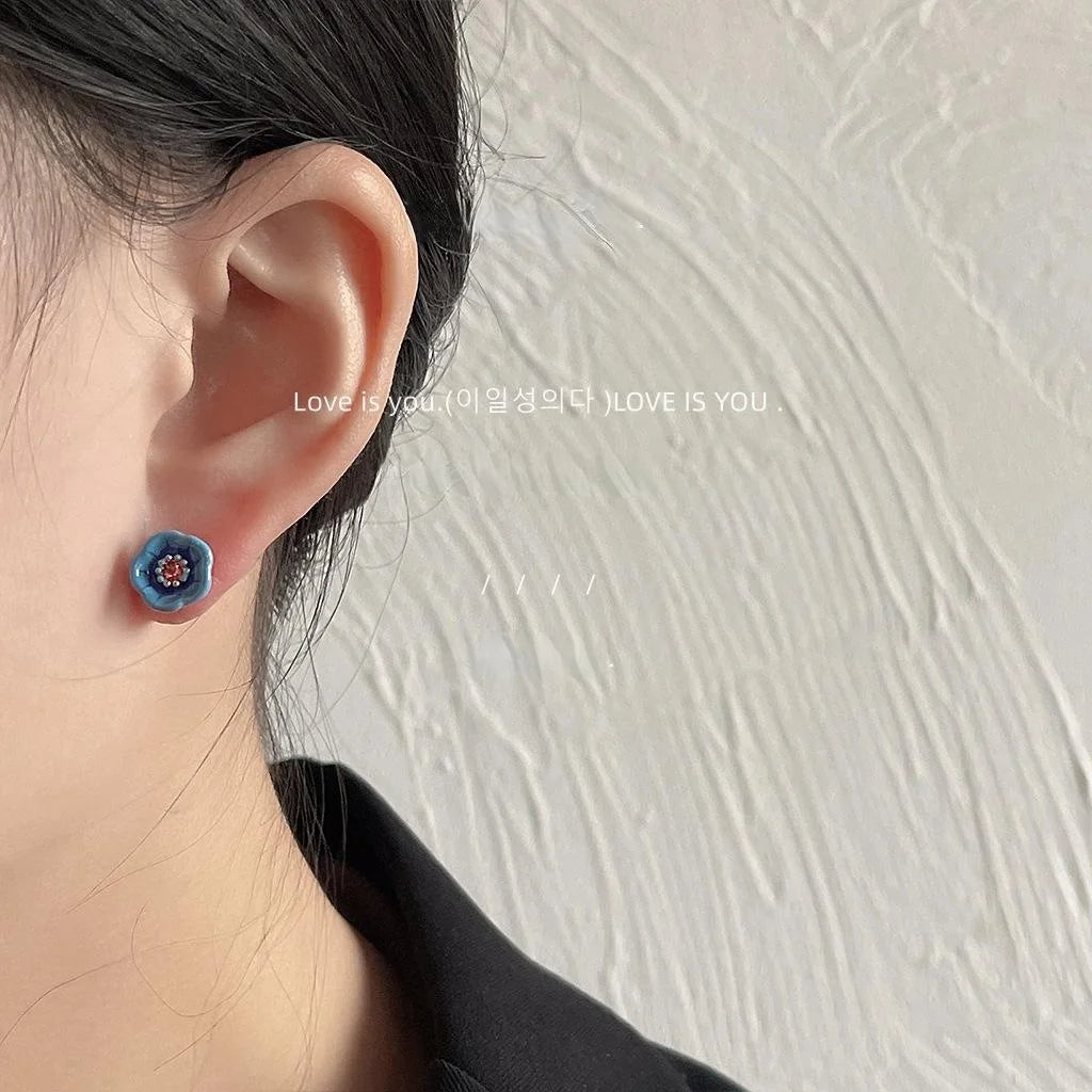 14K Gold Plated Blue Enamel Flower Stud Earrings Forest Style Metal Jewelry