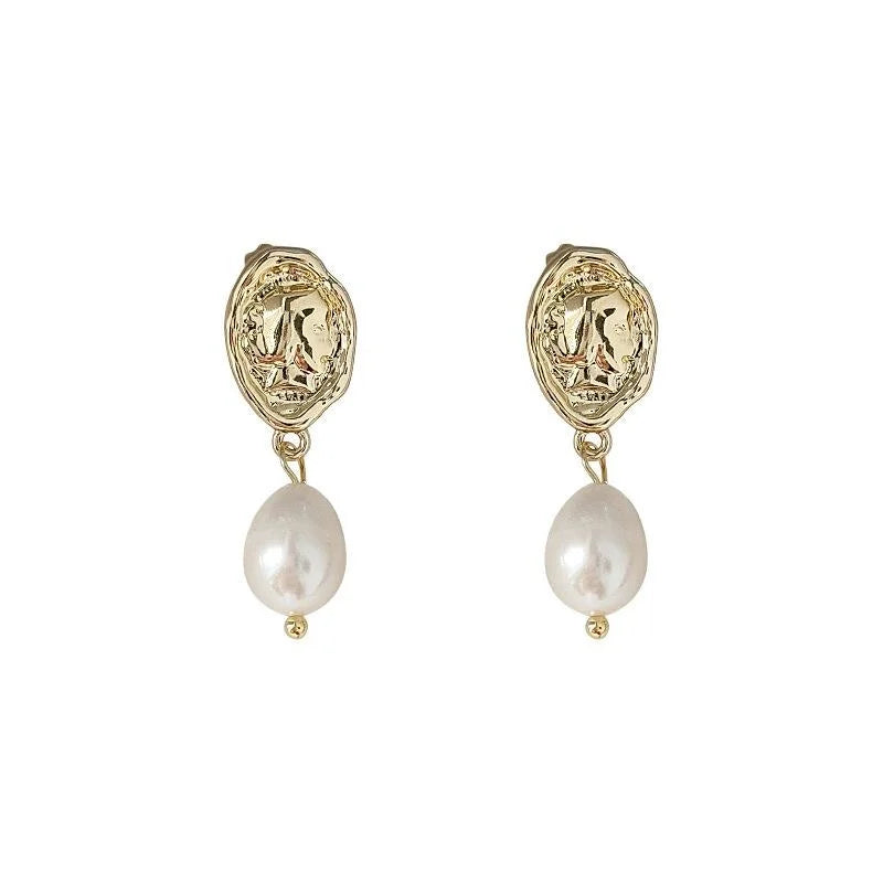 French Vintage Baroque Irregular Oval Freshwater Pearl 14K Plated Copper Handmade Stud Earrings