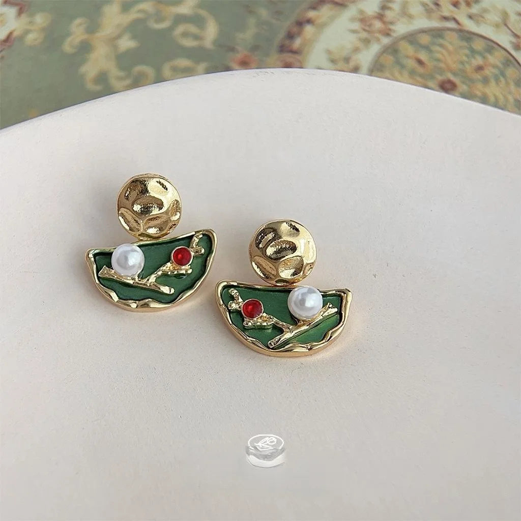 14K Gold Plated High Luster Pearl Geometric Round Drop Earrings, French Court New Chinese Style