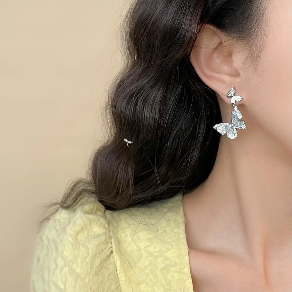 Glacier Blue Micro Pave Zircon Glass Crystal Butterfly Drop Earrings Sweet Copper Summer Jewelry