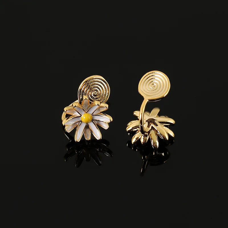 Elegant Enamel Daisy Flower Alloy Stud & Clip On No Piercing Sweet Floral Gold Tone Earrings
