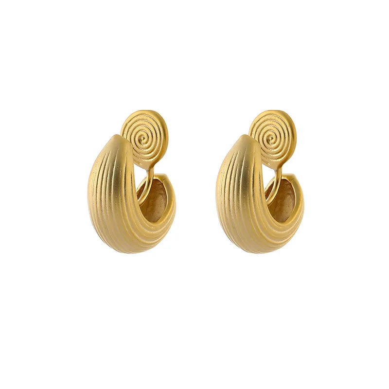Elegant Luxury Matte Gold Alloy C Shape Striped Spiral Hoop Stud & Clip On No Piercing Earrings