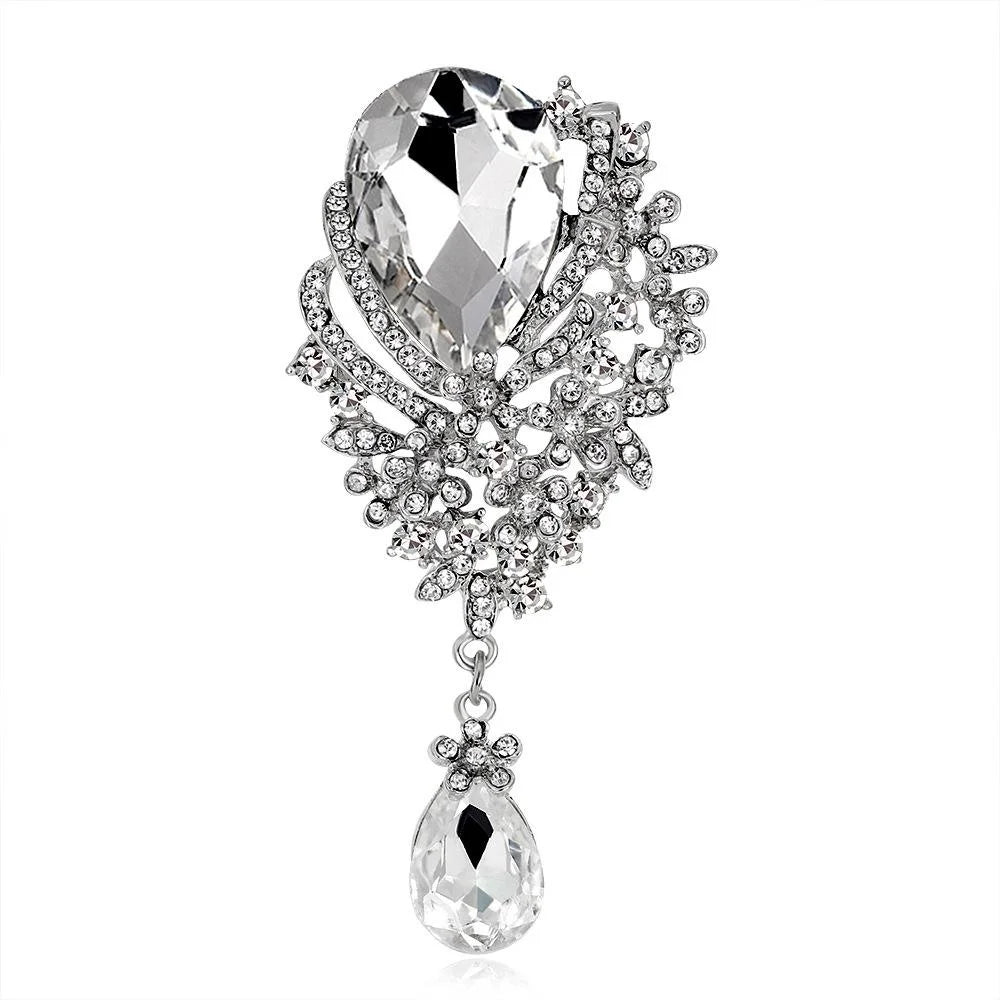 Elegant Blue Teardrop Rhinestone Peacock Flower Alloy Brooch Pin With Glass Drop, Women's Lapel Corsage Gift