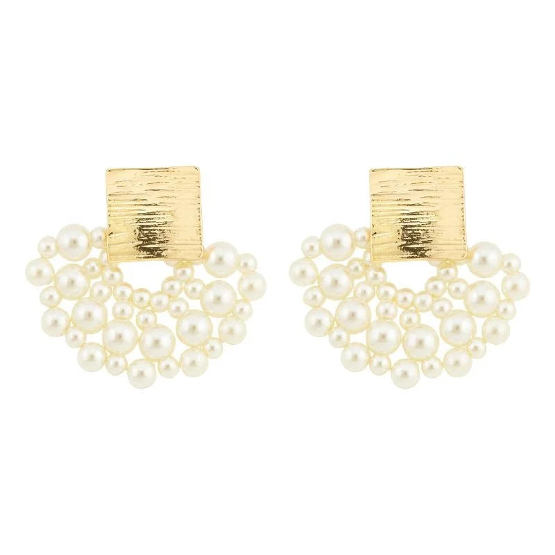 High Gloss Pearl Handmade Woven Flower Drop Earrings, Sweet Elegant Skirt Lace Design