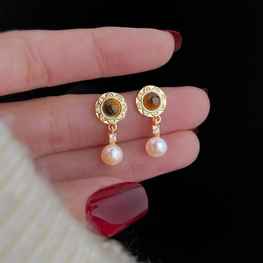 French Vintage Freshwater Pearl Tiger Eye Round Zircon Copper Drop Earrings