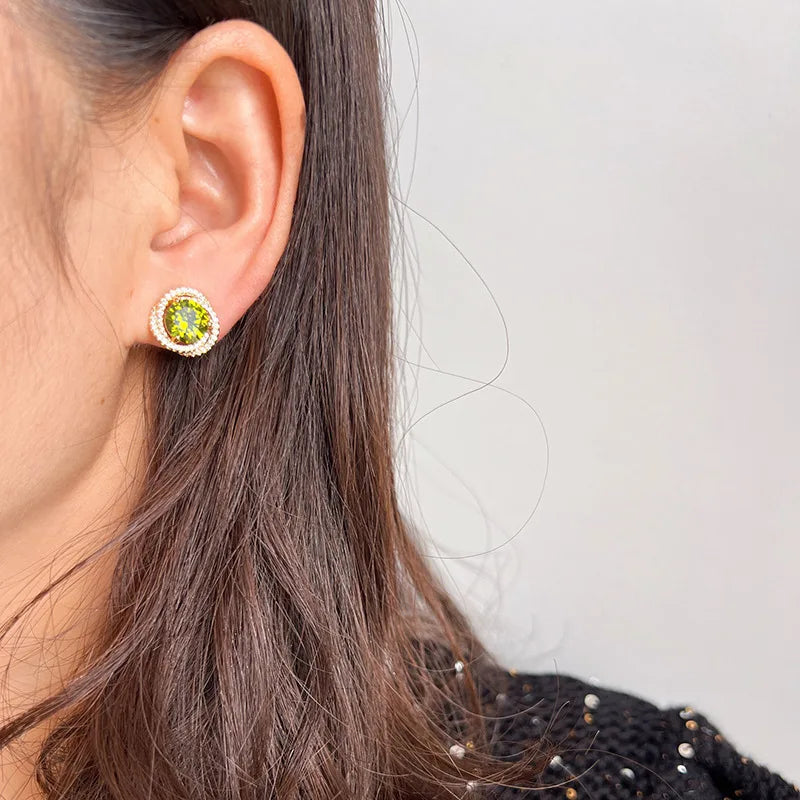 Elegant Olive Green Zircon Spiral Geometric Stud & Clip On No Piercing Gold Alloy Rhinestone Earrings