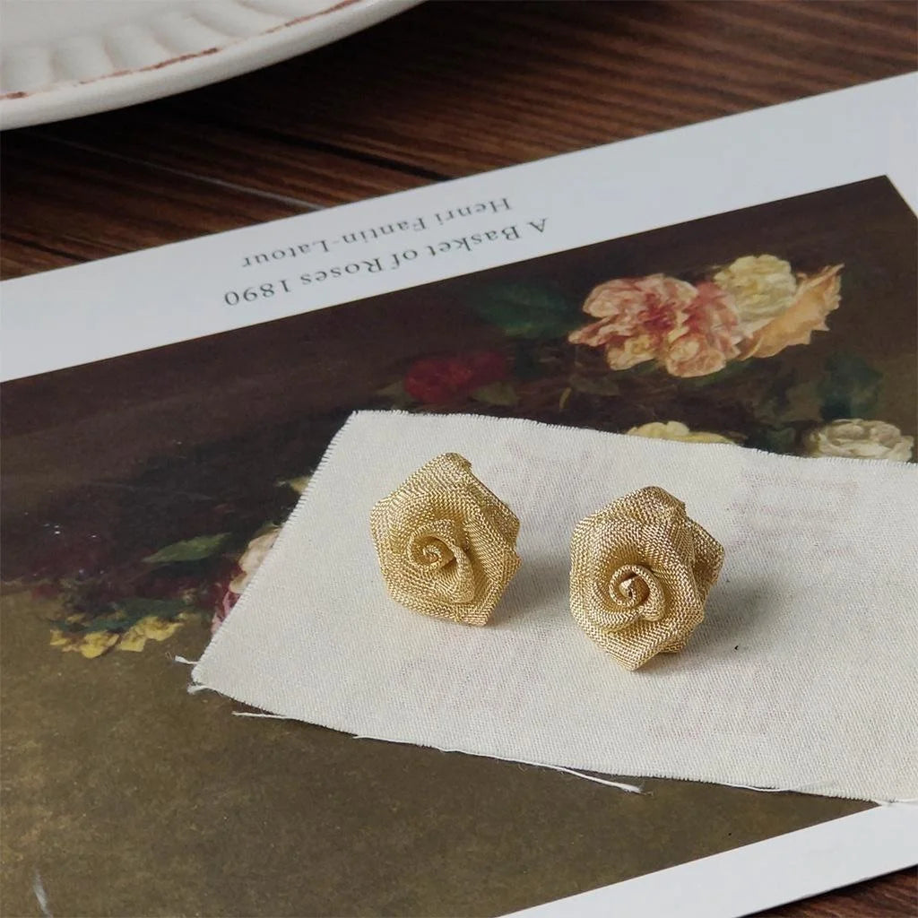 Elegant Vintage Yellow Rose Flower Drop Earrings Copper Gold Gauze Silver Plated Pin