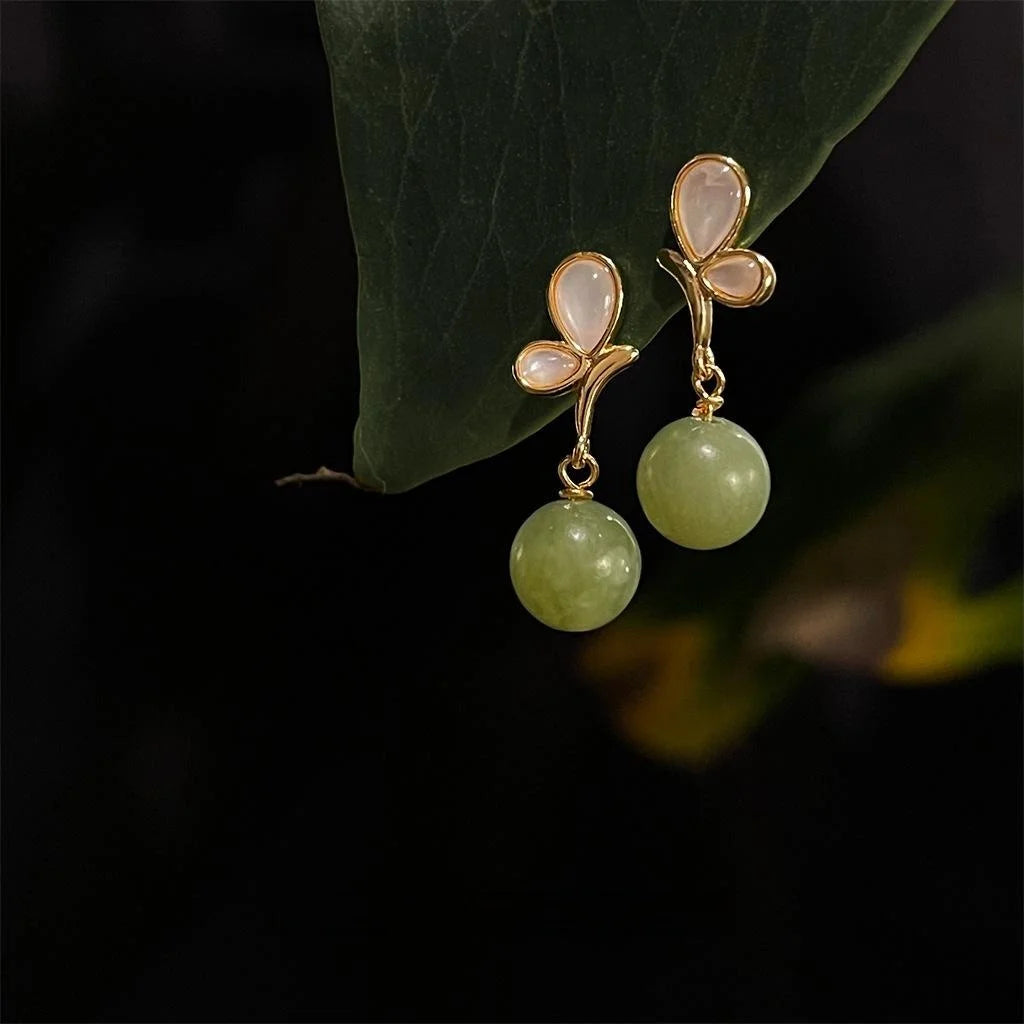 14K Gold Plated Copper Shell Natural Stone Butterfly Drop Earrings Light Luxury Handmade Jewelry