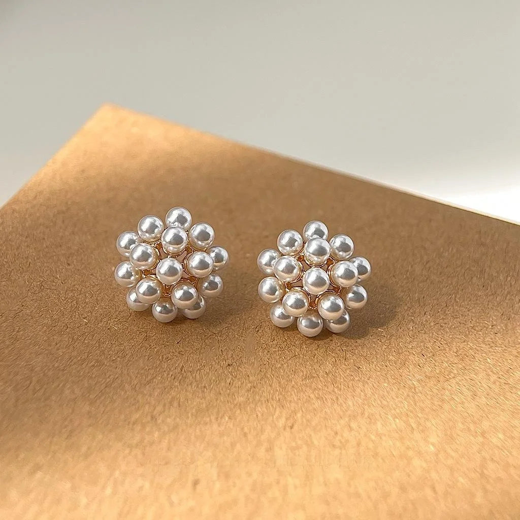 14K Gold Plated Copper Pearl Flower Stud Earrings Light Luxury Geometric Commuter Jewelry