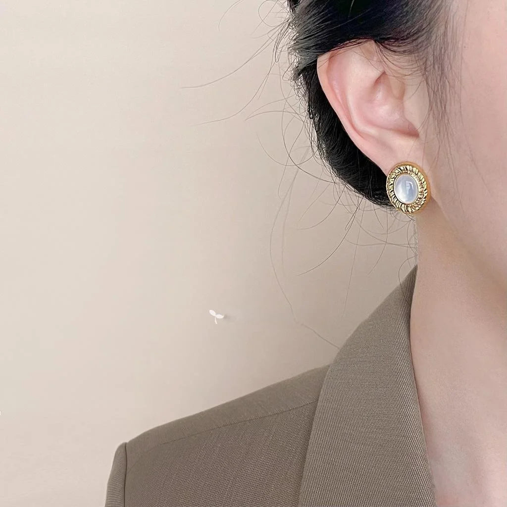 French Vintage Real Shell Oval Geometric Twist Edge 14K Plated Stud Earrings For Women