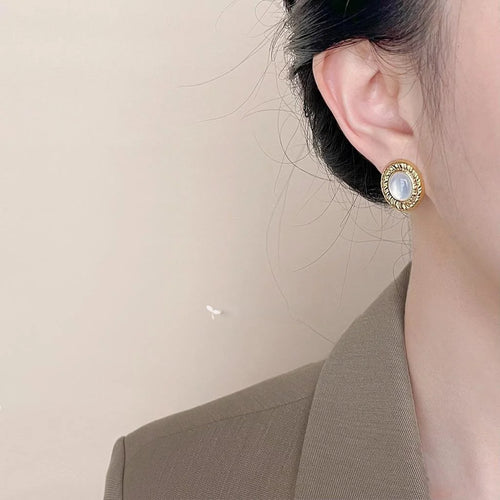 French Vintage Real Shell Oval Geometric Twist Edge 14K Plated Stud Earrings For Women