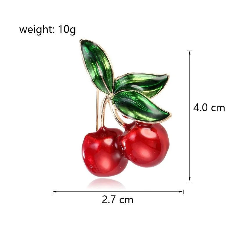 Cute Enamel Cherry Fruit Brooch With Glossy Green Leaves, Luxury Lapel Pin Corsage For Sweater Suit Gift
