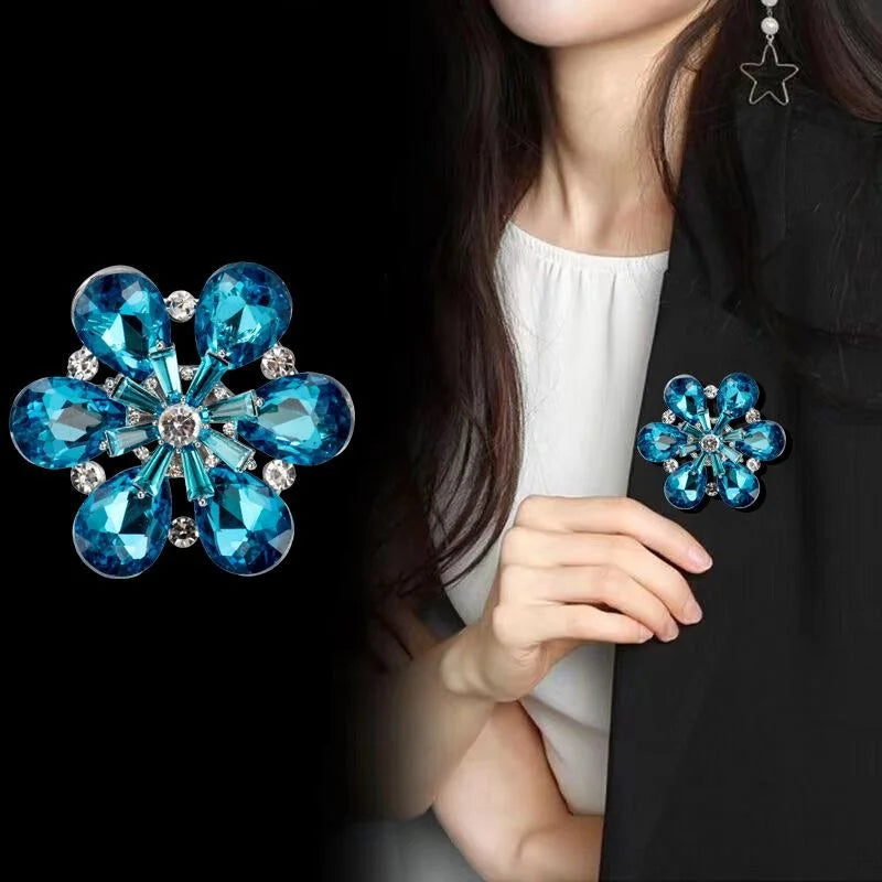 Elegant Blue Rhinestone Crystal 3D Flower Brooch, Luxury Alloy Lapel Pin Corsage For Coats And Shirts