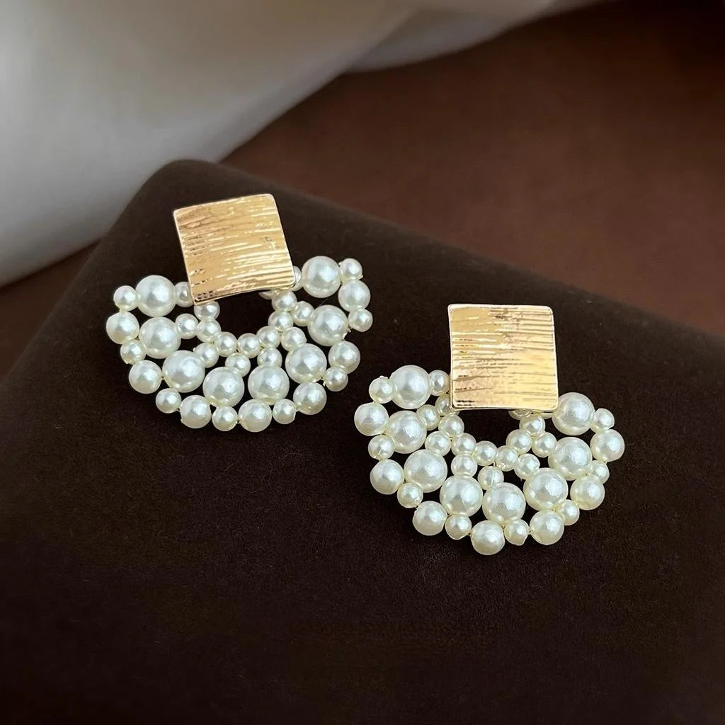 High Gloss Pearl Handmade Woven Flower Drop Earrings, Sweet Elegant Skirt Lace Design