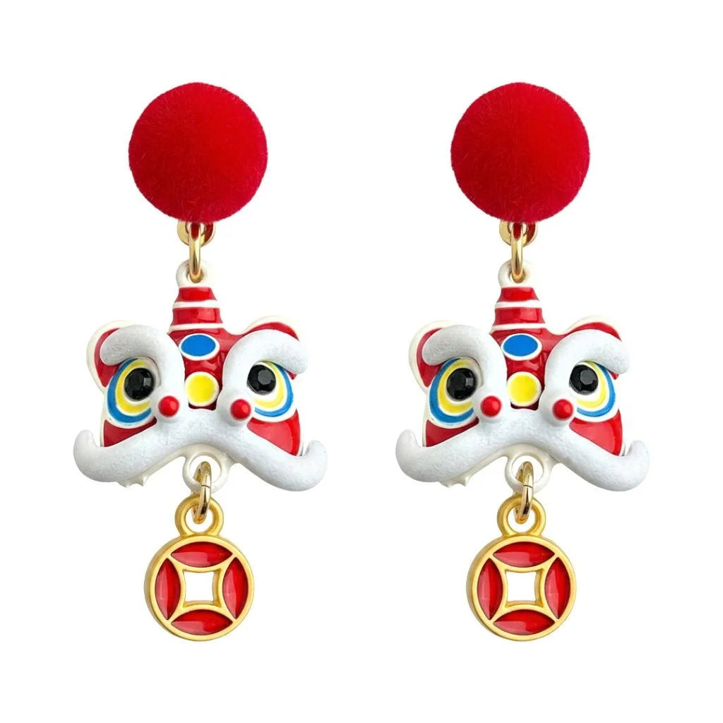 New Chinese Lion Dance Drop Earrings Flocked Enamel Drip Glaze Hand Painted New Year Jewelry