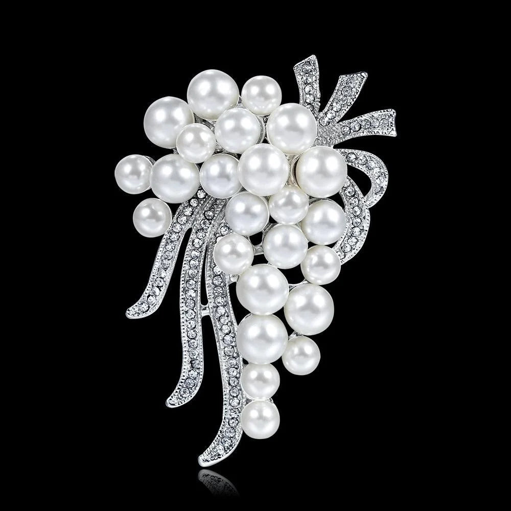 Elegant White Pearl Flower Bouquet Brooch With Rhinestone Alloy Branches, Luxury Lapel Pin Gift