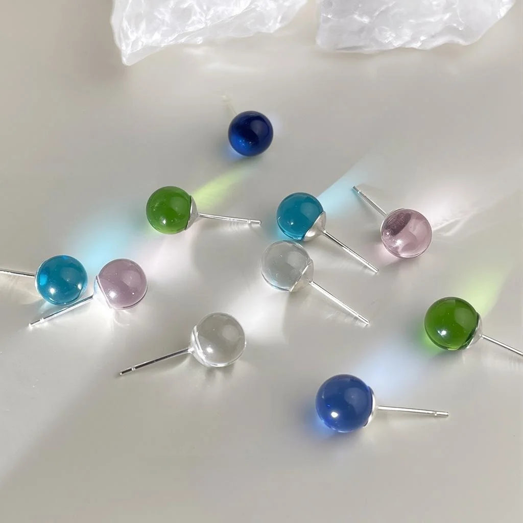 Summer Cool Transparent Glass Crystal Ball Stud Earrings Simple Sweet Commuter Jewelry For Women