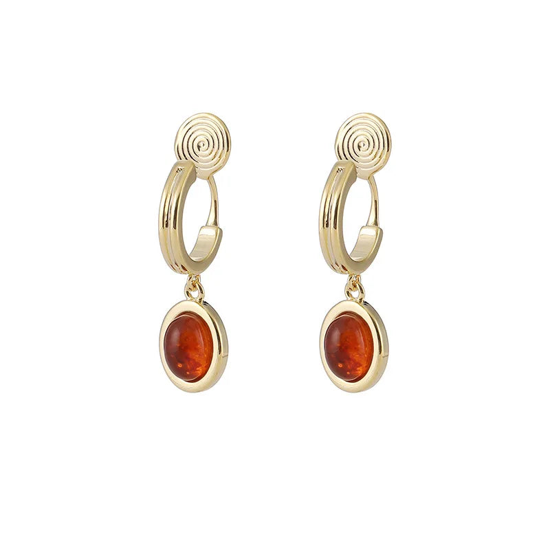 Elegant Orange Resin Oval Pendant C Hoop Alloy Stud & Clip On No Piercing New Chinese Style Earrings