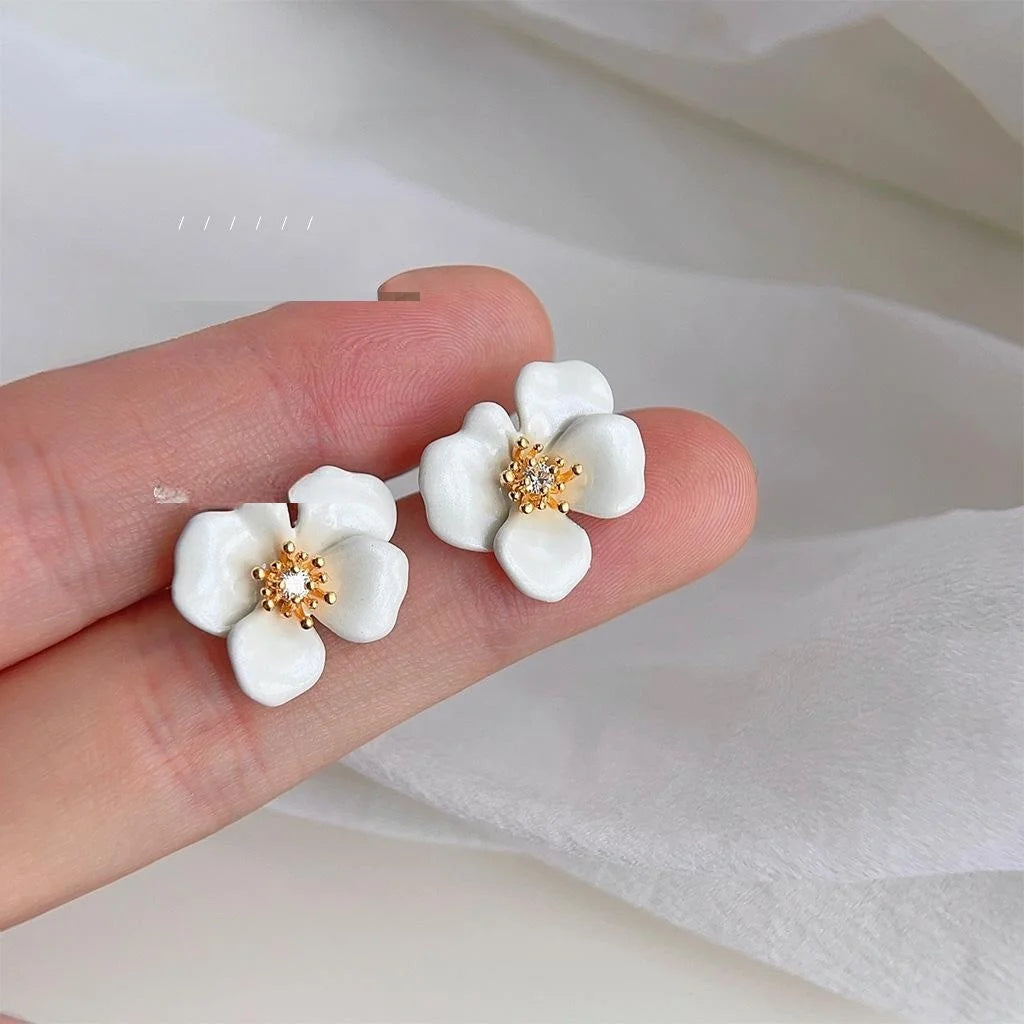 Sweet Copper Micro Pave Zircon Enamel Orchid Flower Stud Earrings For Elegant Everyday Wear