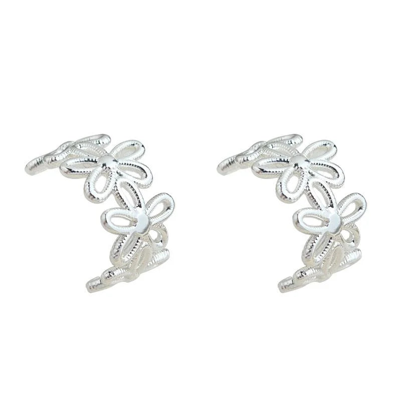 Thick Silver Plated Copper Lace Hollow Flower Petal Fairy Style Drop Earrings