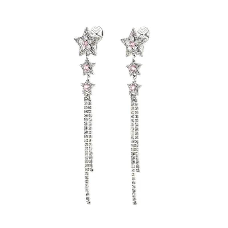 Elegant Luxury Rhinestone Star Charm Long Chain Tassel Stud & Clip On No Piercing Dangle Earrings