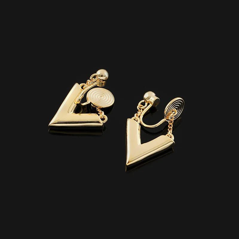 Luxury Gold Alloy Smooth V Letter Drop Stud & Clip On No Piercing Minimalist Chain Dangle Earrings