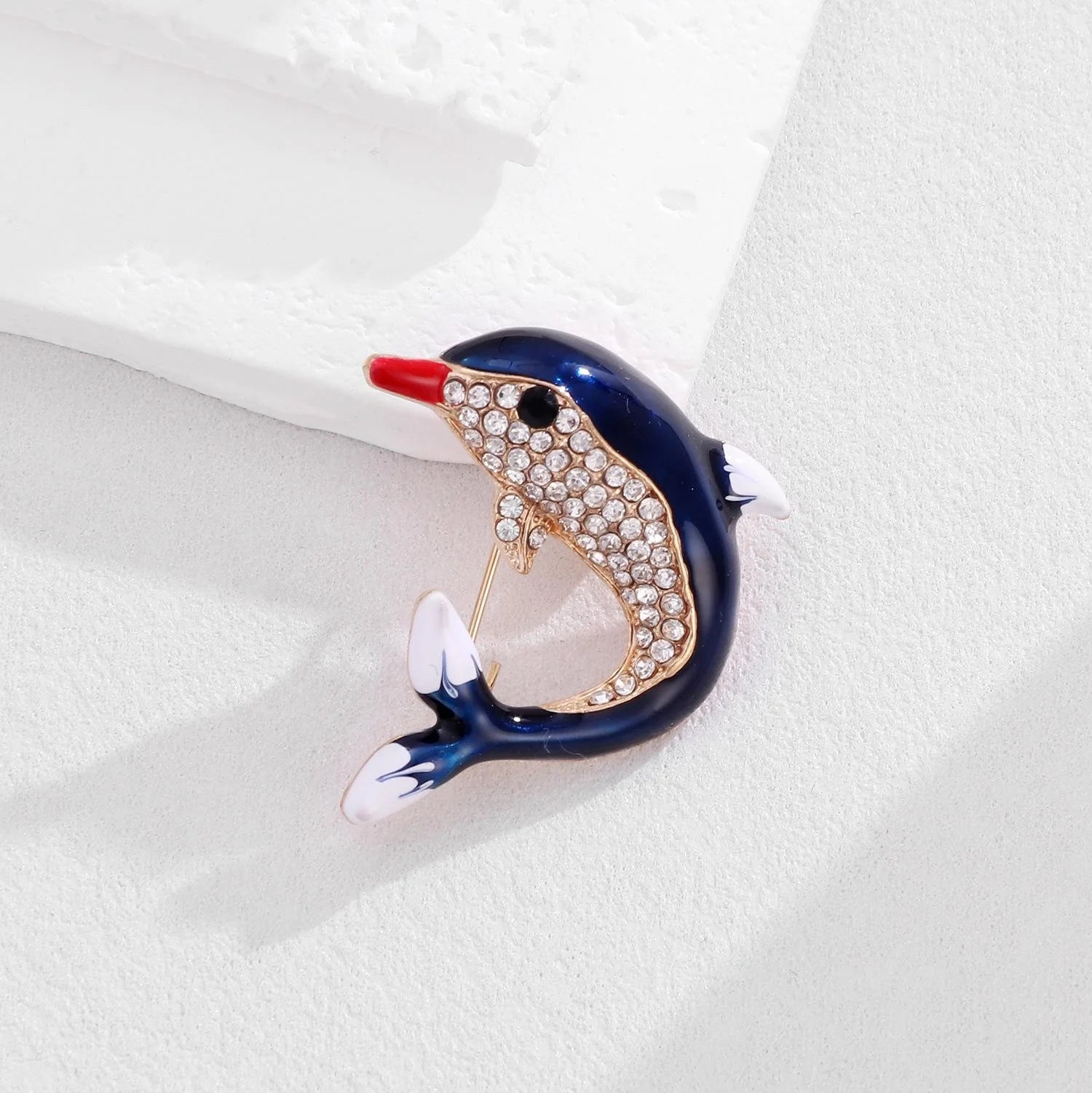 Cute Blue Enamel Dolphin Brooch With Rhinestones, Fashion Alloy Lapel Pin Corsage Gift For Women
