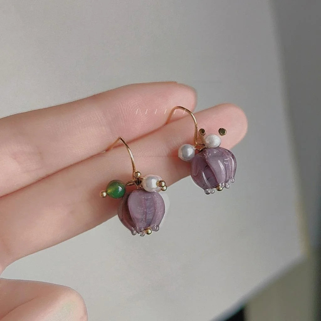 Handmade Lotus Glass Drop Earrings Copper Water Lily Floral Niche Design Jewelry