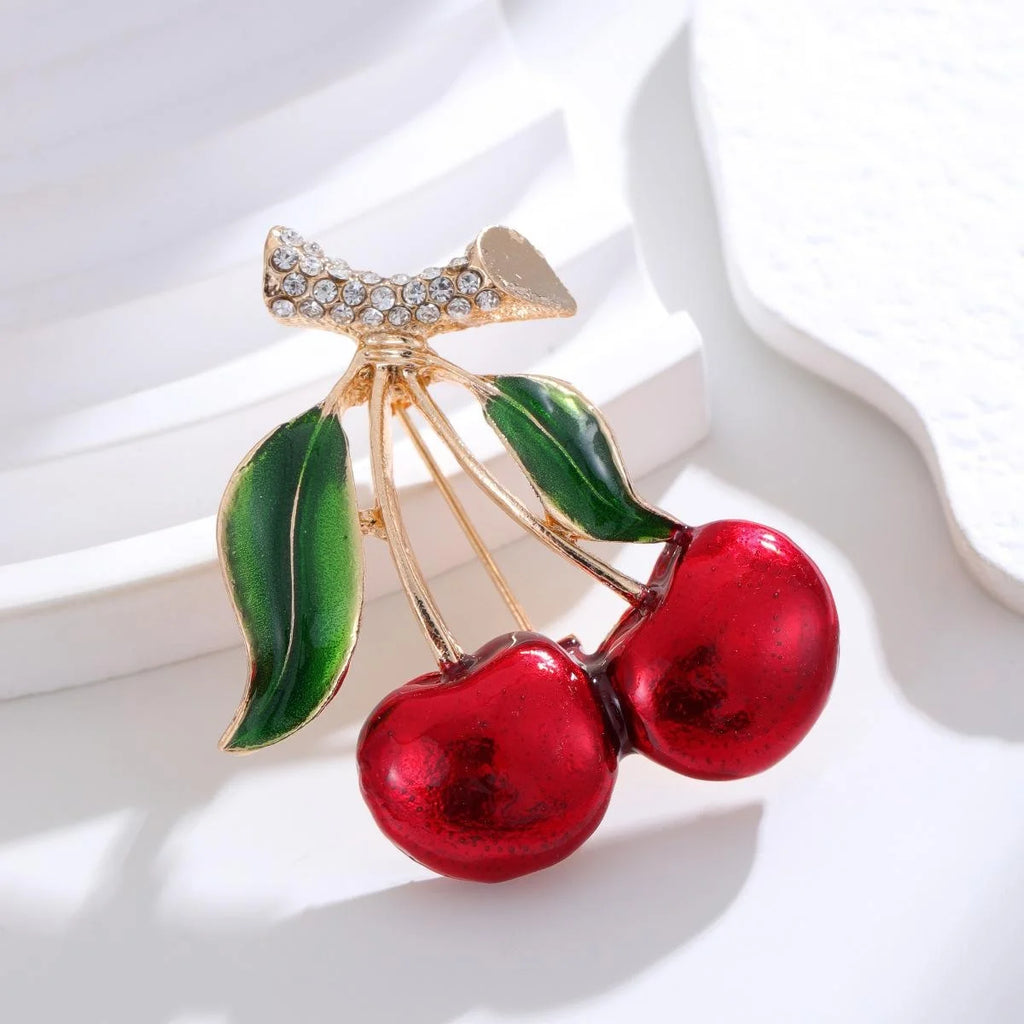 Cute Enamel Cherry Brooch With Rhinestone Bow, Luxury Fruit Lapel Pin Corsage For Sweater Suit Gift