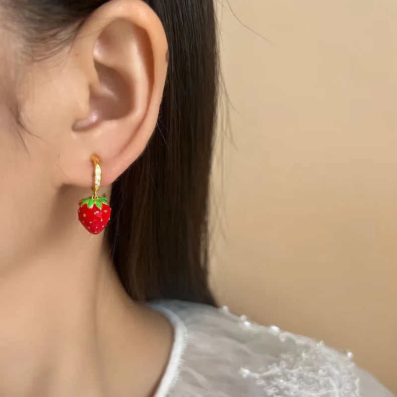 Sweet Cute Enamel Strawberry Alloy Zircon Luxury Long Drop Stud & Clip On No Piercing Fruit Earrings