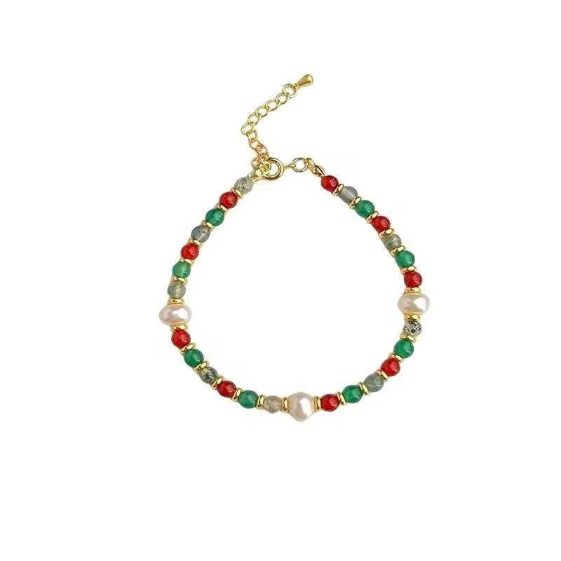 Natural Green Phantom Quartz Red And Green Agate Freshwater Pearl Geometric Ethnic Bracelet