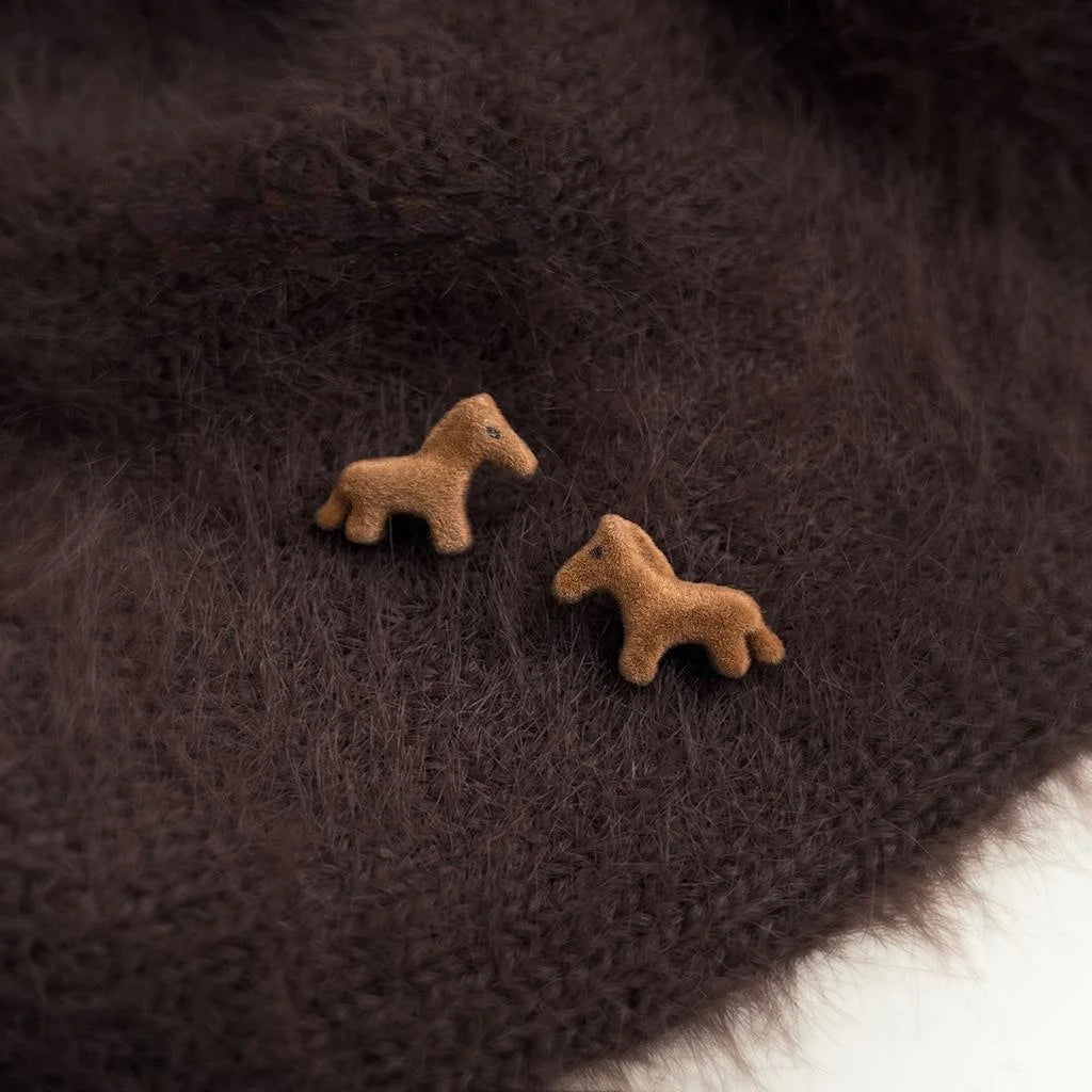 Cute Flocked Pony Stud Earrings, Style Animal Zodiac Horse Jewelry