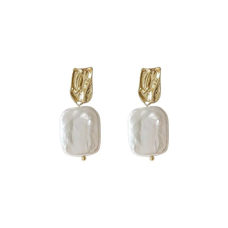 Baroque Irregular Freshwater Pearl Stud Earrings With 14K Plated Handmade Geometric Design