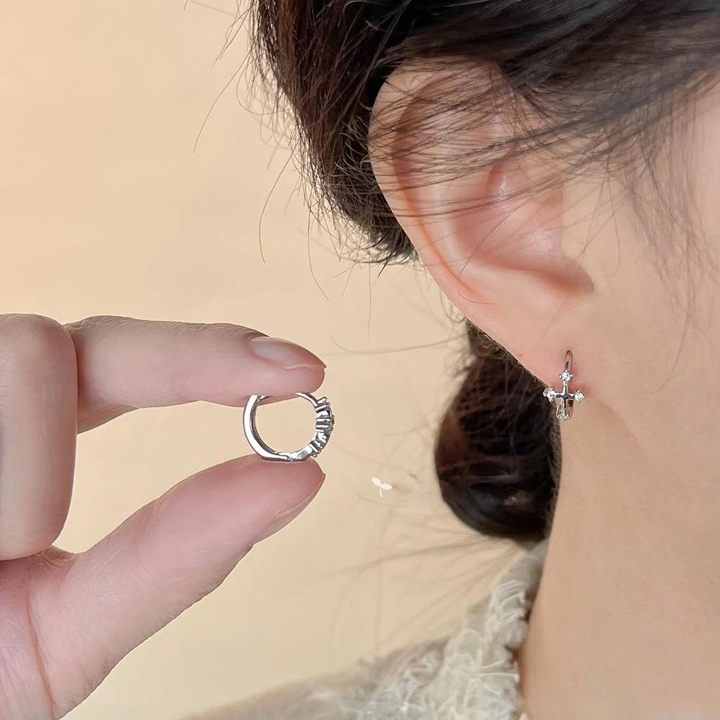 Copper Micro Pave Zircon Round Geometric Stud Earrings, Style Sweet Cool Jewelry