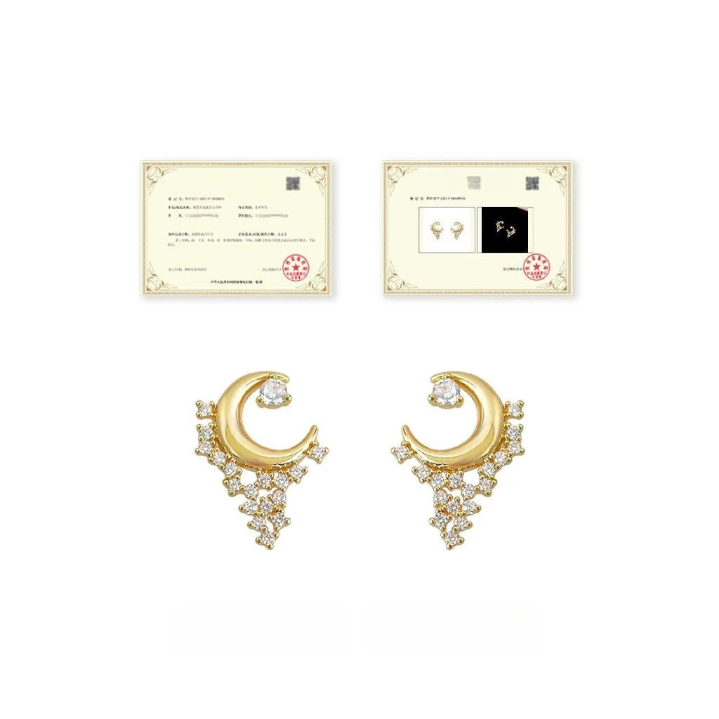 14K Plated Copper Moon Star Micro Pave Zircon Stud Earrings For Women