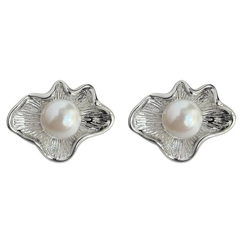 Minimalist Irregular Ruffle Leaf Glass Pearl Copper Stud Earrings Artistic Chic Jewelry