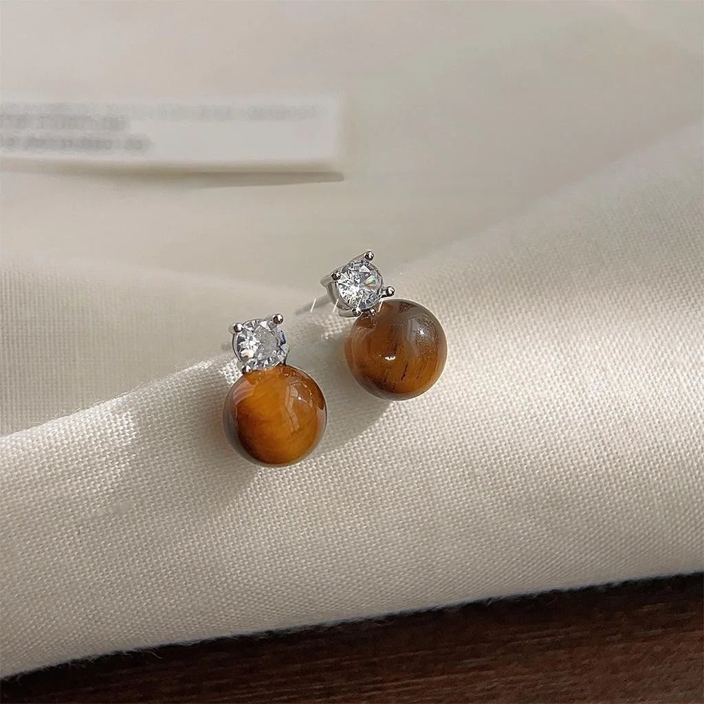 Light Luxury Tiger Eye Stud Earrings Brown Geometric Round Zircon Paved Copper Jewelry