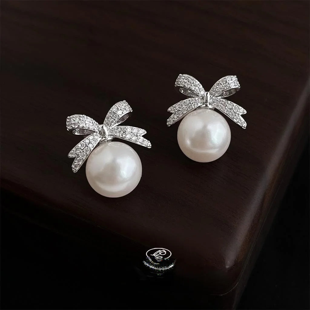 Micro Pave Zircon Bow Glass Pearl Stud Earrings Light Luxury Copper