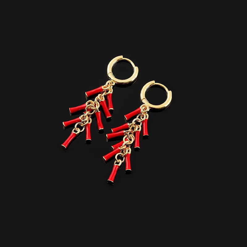 Vintage Red Firecracker Tassel Alloy Enamel Stud & Clip On No Piercing Chinese New Year Earrings