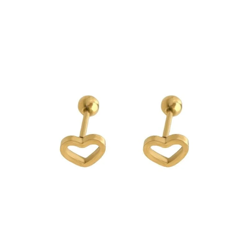 Copper Heart Screw Stud Earrings, Trendy Chinese Style Minimalist Anti-Loss Ear Jewelry