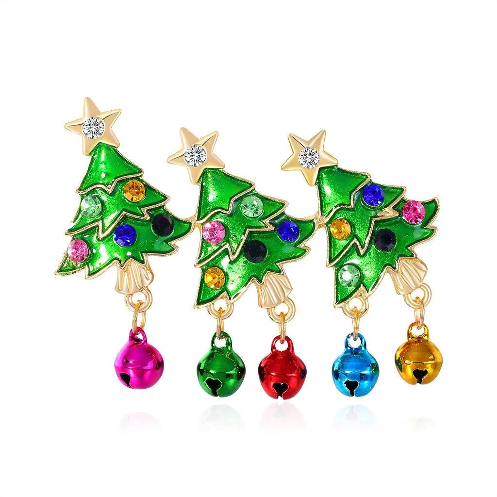 Cute Enamel Christmas Tree Brooch With Rhinestone Stars And Jingle Bells, Festive Lapel Pin Gift