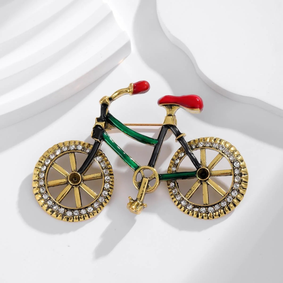 Vintage Enamel Bicycle Brooch With Rhinestone Wheels, Elegant Women's Lapel Pin Suit Accessory Gift