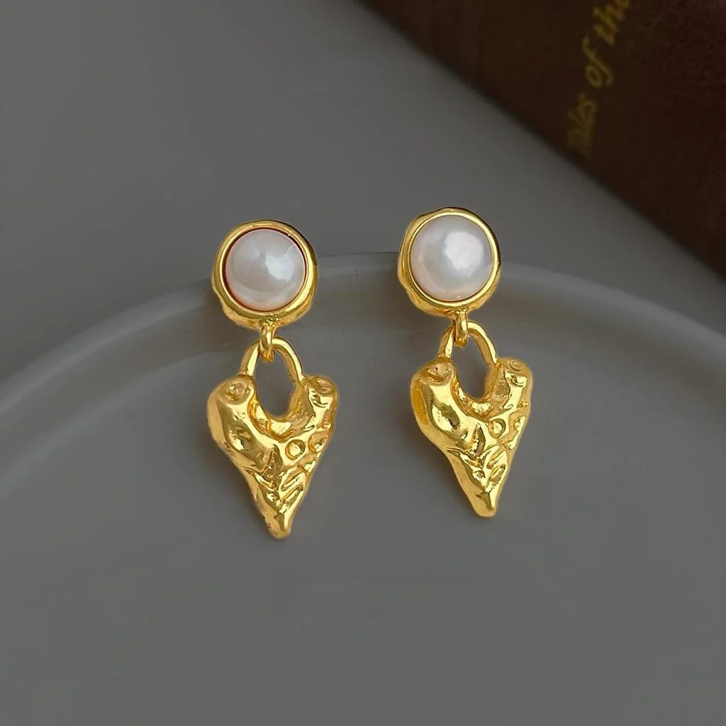 18K Gold Plated Lava Texture Heart Freshwater Pearl French Vintage Drop Earrings