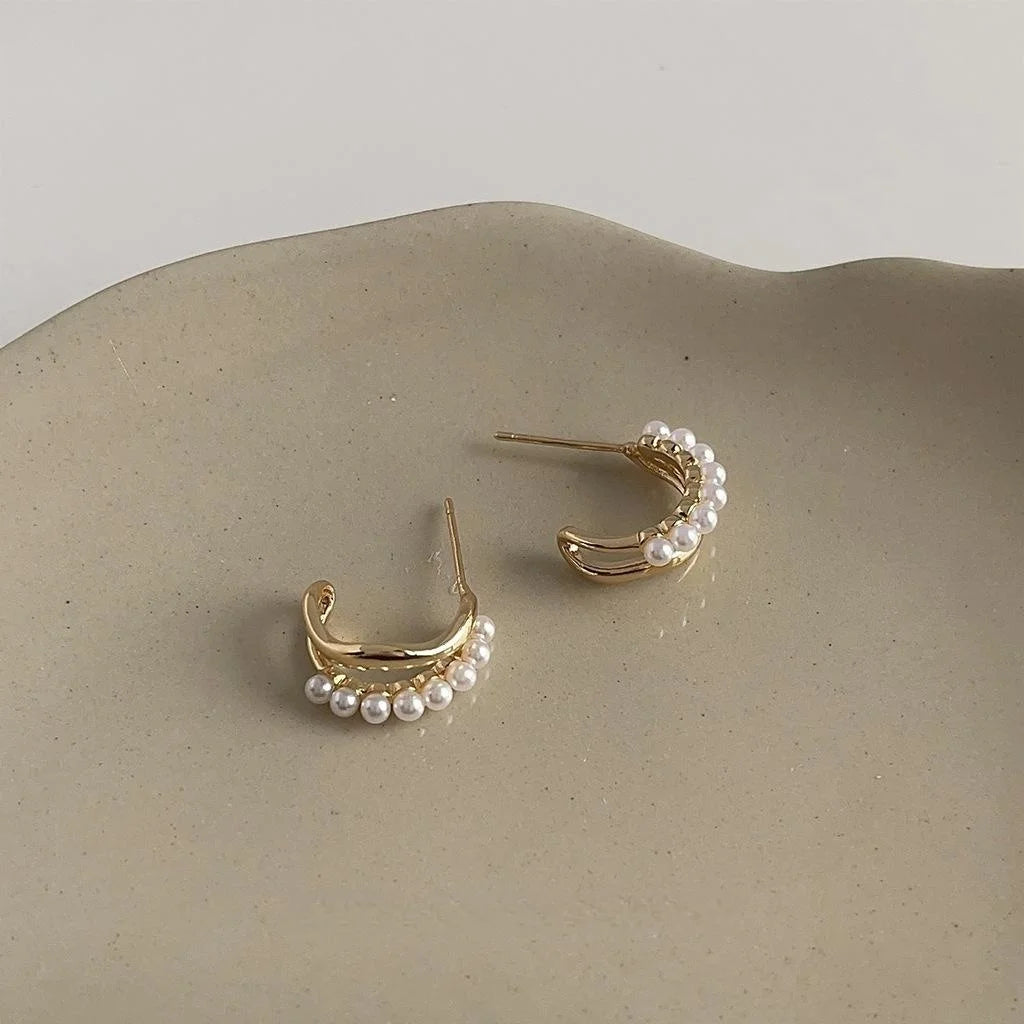 14K Gold Plated Geometric Round Pearl Stud Earrings, Elegant Style