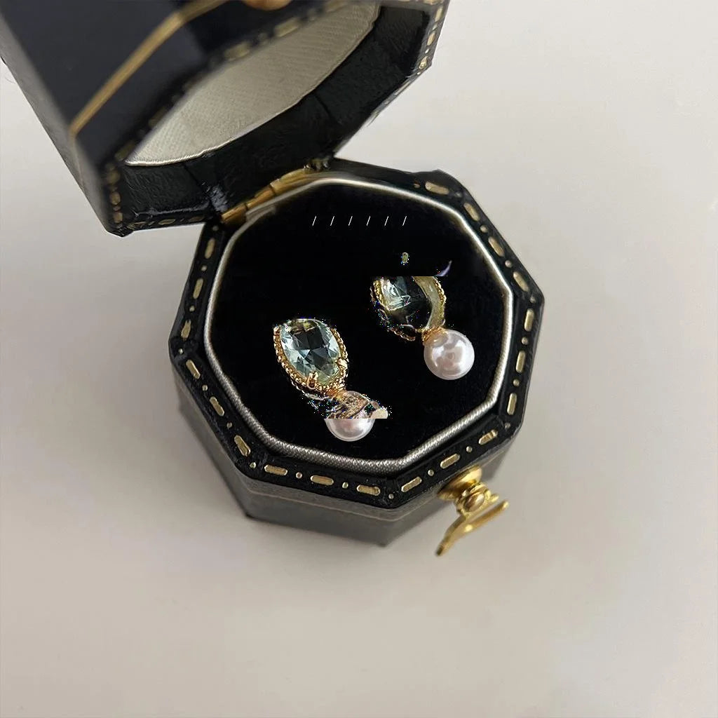 14K Gold Plated Copper Mini Pearl Stud Earrings With Aquamarine Zircon Geometric Minimalist Design