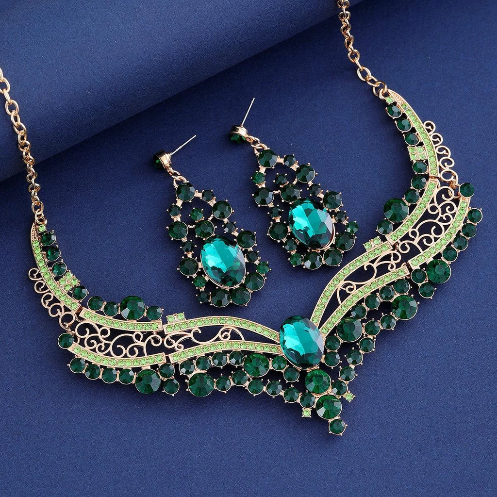 Luxury Rose Gold Rhinestone Necklace And Earrings Jewelry Set, Elegant Crystal Bridal Jewelry For Wedding Party