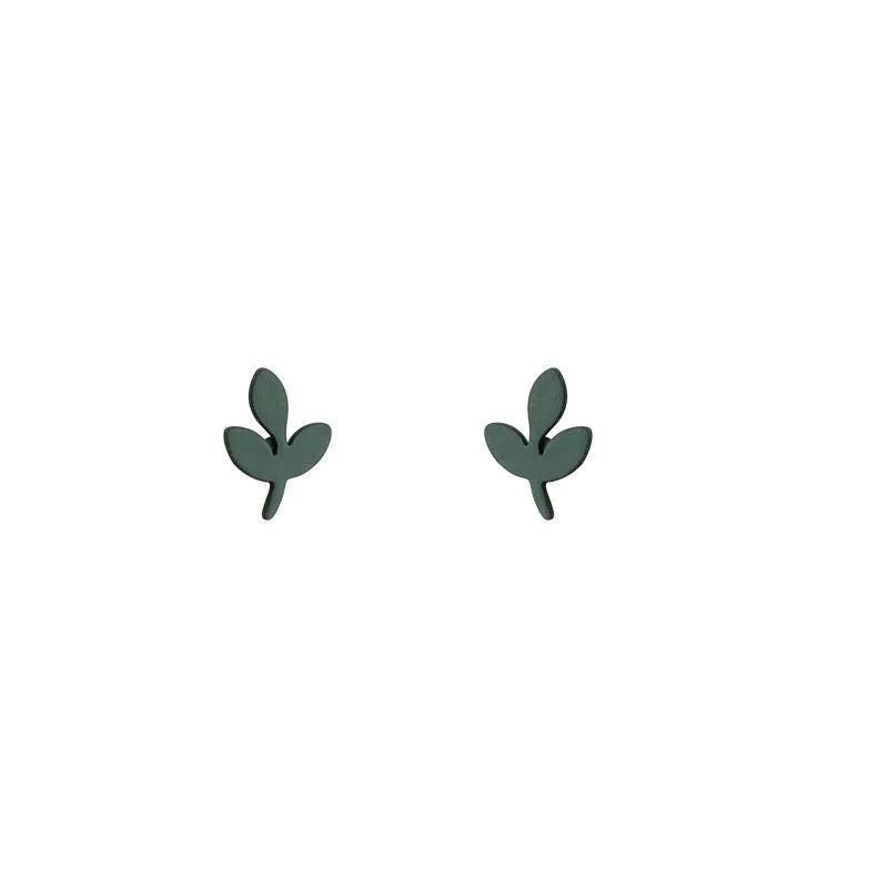 Green Mini Leaf Stud Earrings Metal Enamel Forest Style Cute Spring Summer Jewelry